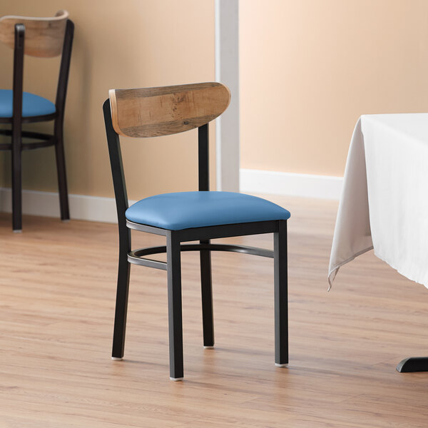 Lancaster Table & Seating Boomerang Black Chair with Blue Vinyl Seat and Driftwood Back