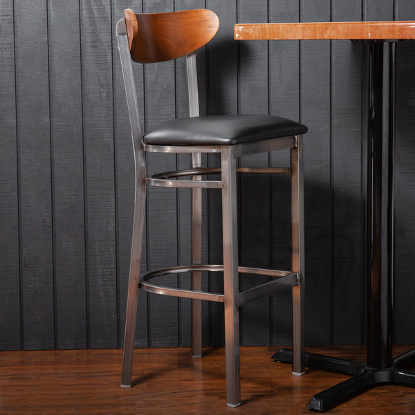 Lancaster Table & Seating Boomerang Bar Height Clear Coat Chair with Black Vinyl Seat and Antique Wa