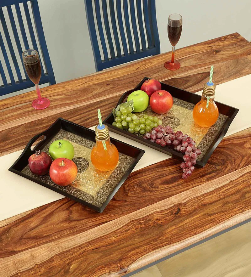 Wooden With Brass Fitted Tray In Brown Set of 2