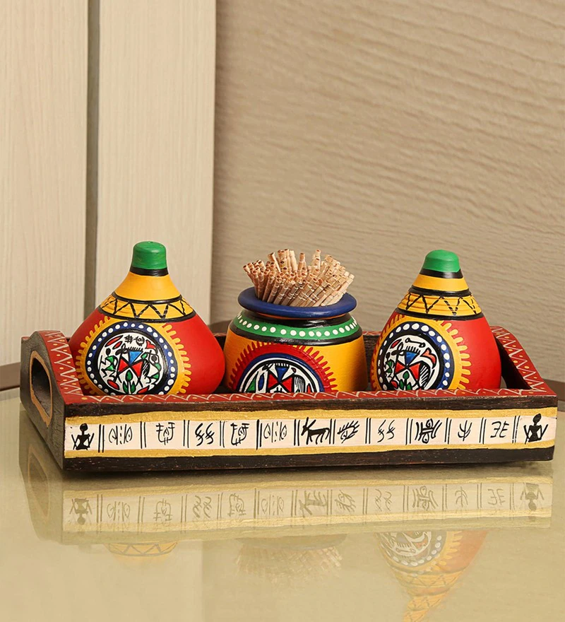 Ethinic (Set of 4) Terracotta Salt & Pepper Shaker with Base Tray and Thoothpich Holder