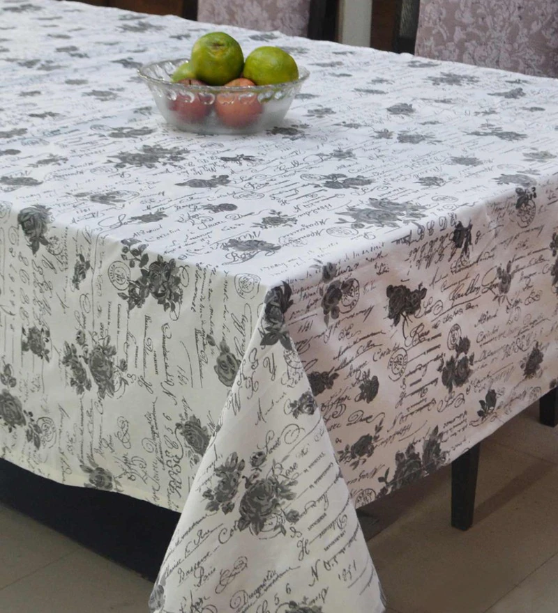 Floral Pattern White Cotton 90X55 Inch Table Cloth