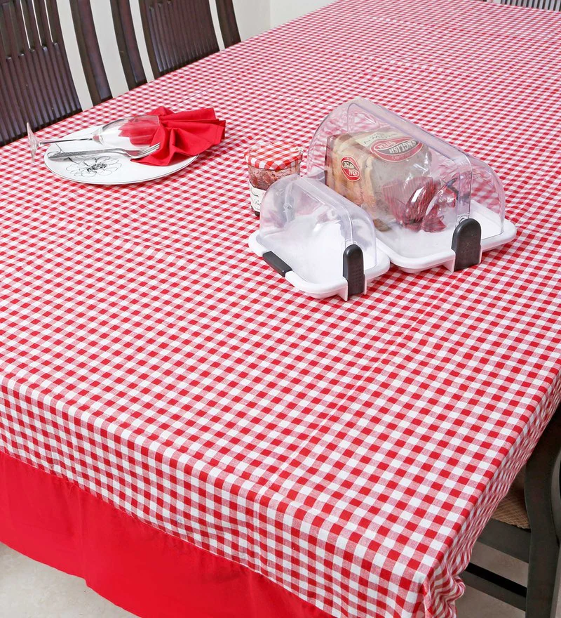 Geometric Pattern Red Cotton 90X60 Inch Table Cloth