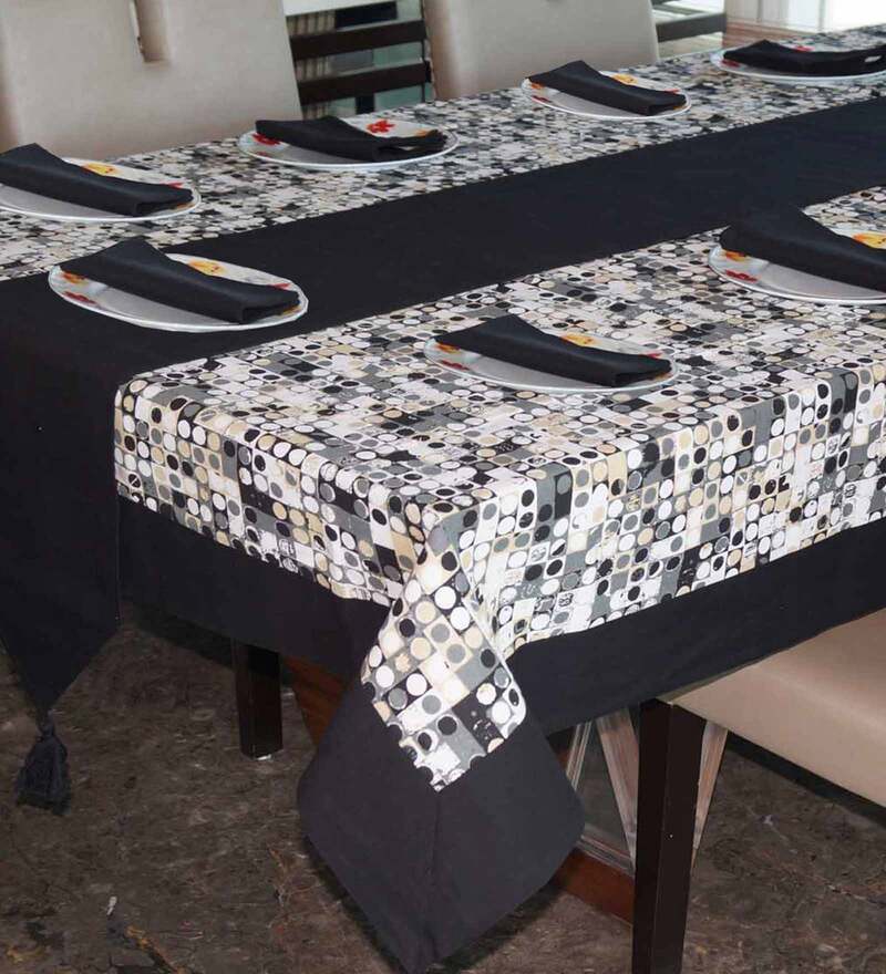 Black Printed Cotton 14 Pcs Table Linen Set
