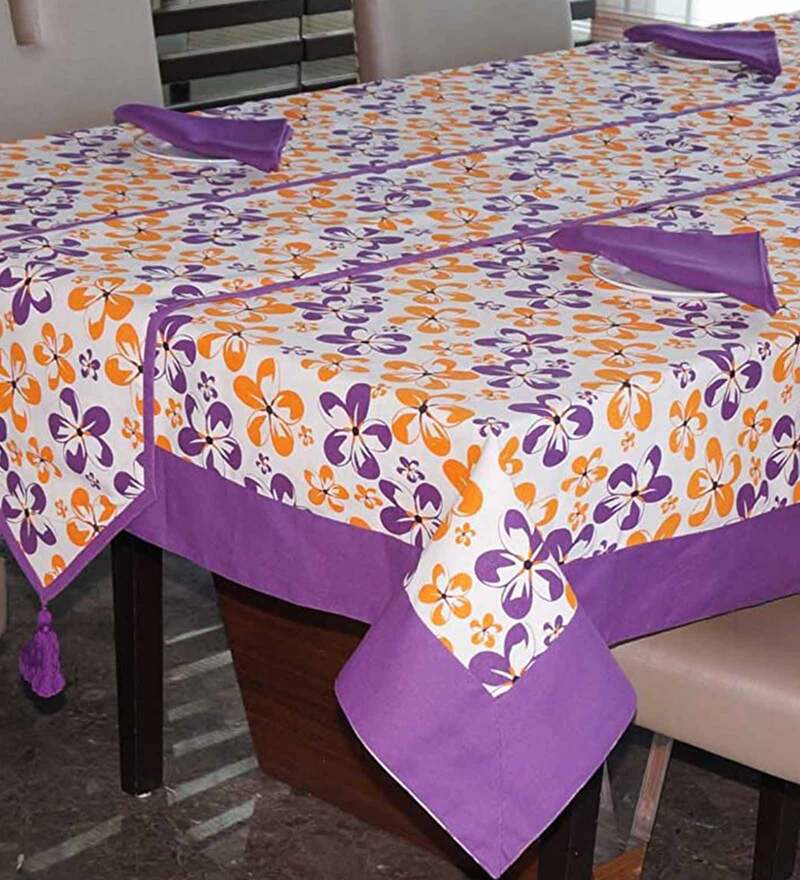 Purple Printed Cotton 8 Pcs Table Linen Set