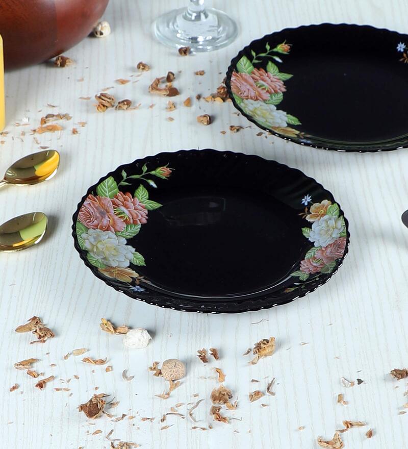 Floral (Set of 6) Black Glass Quarter Plate