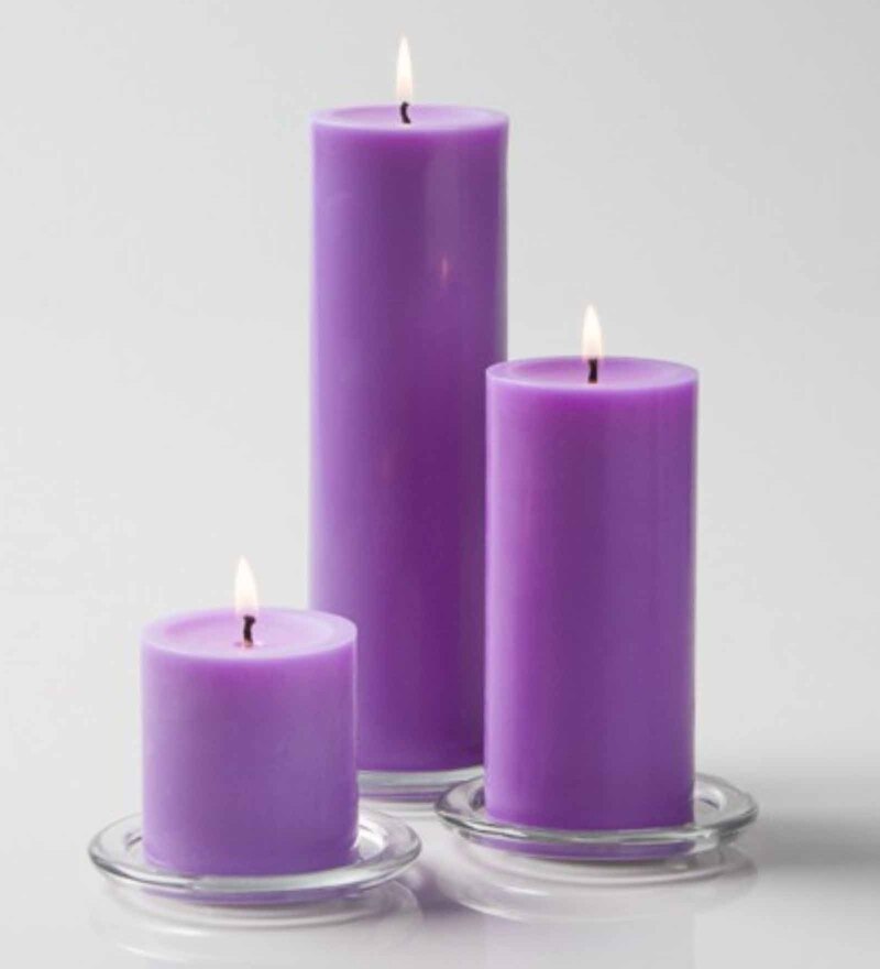 Lavender Scented Set Of 3 Light Purple Color Pillar Candles