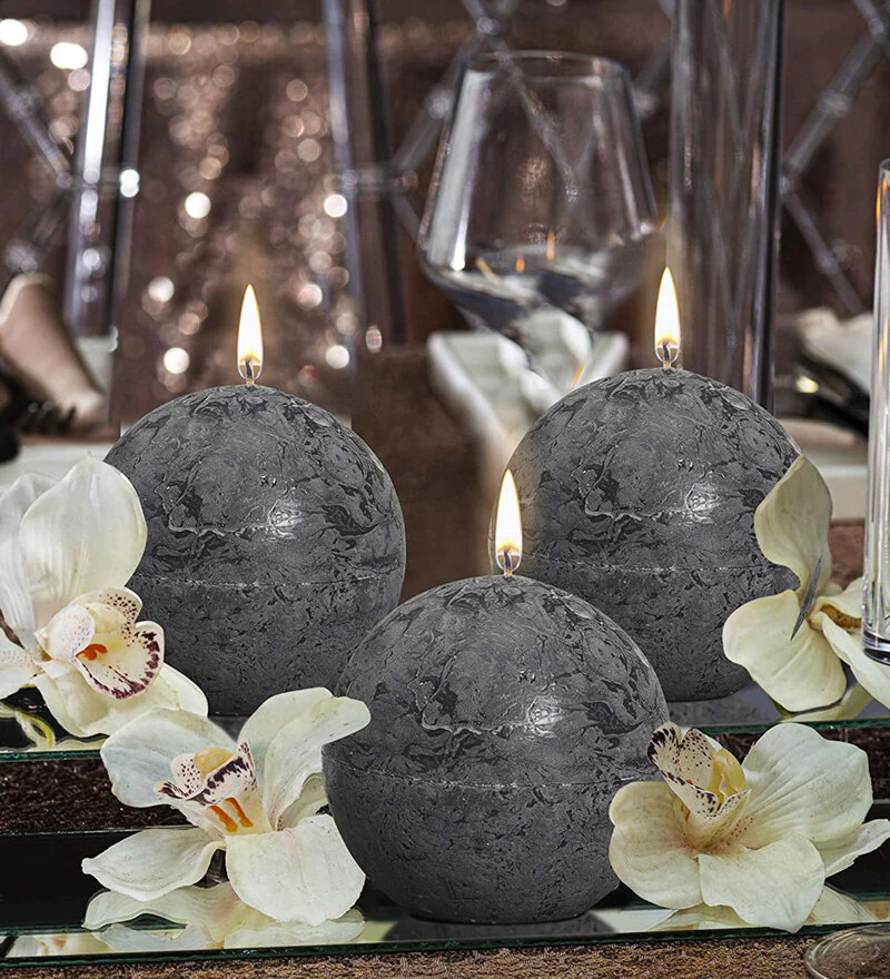 Temple Mogra Scented Set Of 3 Black Color Round Candles