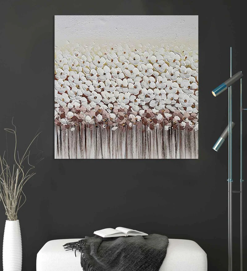 White & Grey 3D Embossed Floral Original Hand Painting on Canvas