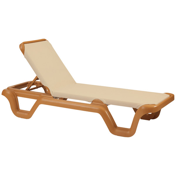 Grosfillex 99414108 / US414108 Marina Teakwood / Khaki Stacking Adjustable Resin Sling Chaise
