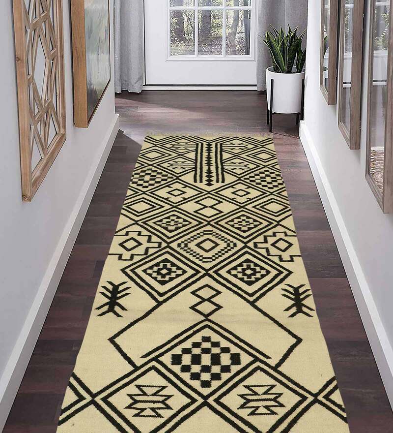 Black Wool Cotton Geometrical 2.6x8 Feet Hand Woven Carpet