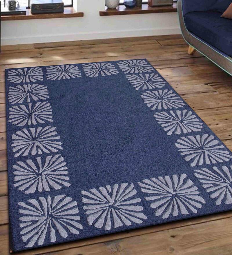 Blue and Silver Wool Abstract 3 ft x 5 ft Hand Tufted Carpet