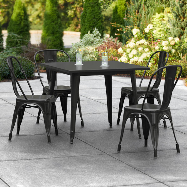 Lancaster Table & Seating Alloy Series 36" x 36" Black Dining Height Outdoor Table with 4 Industrial