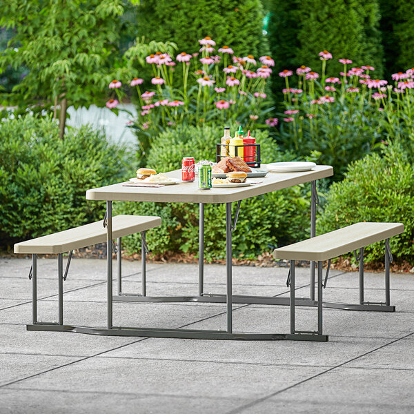 Lancaster Table & Seating 30" x 71" Rectangular Brown Faux Wood Folding Picnic Table with Attached B