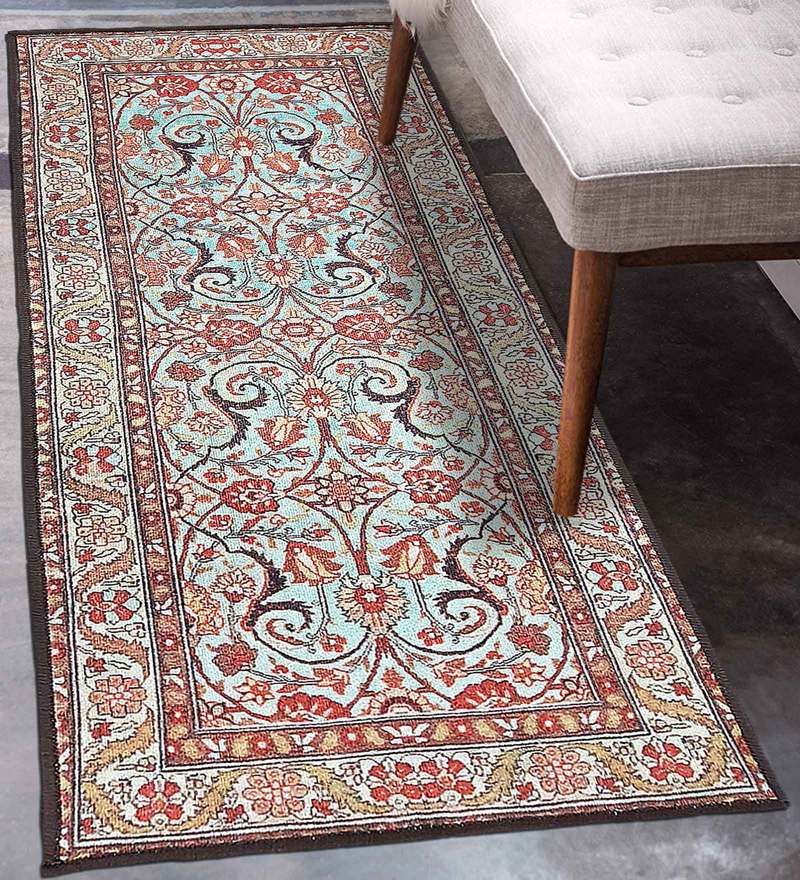 Oriental Pattern Polyester 5 X 2 Feet Machine Made Bedside Runner