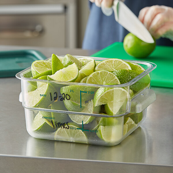 Vigor 2 Qt. Clear Square Polycarbonate Food Storage Container with Green Gradations